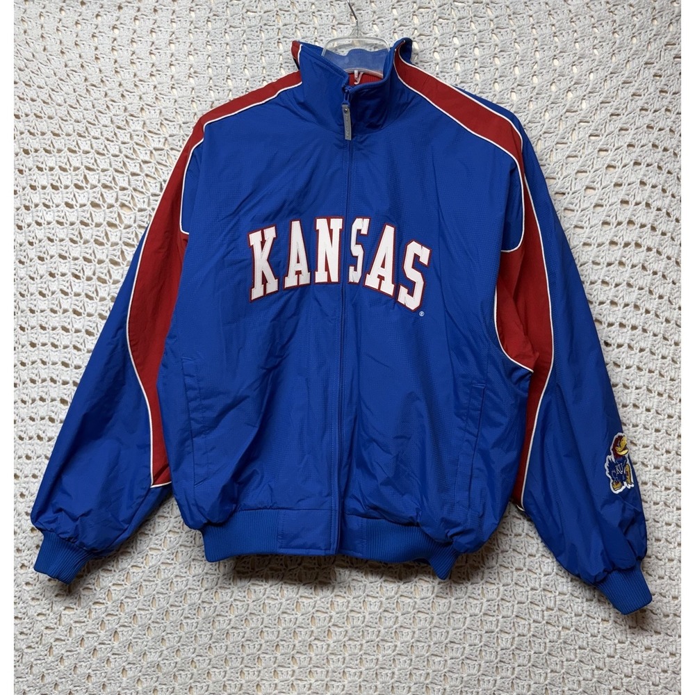 Vtg Kansas Jayhawks Embroidered Majestic Jacket Men L Full Zip Fleece Windbreak